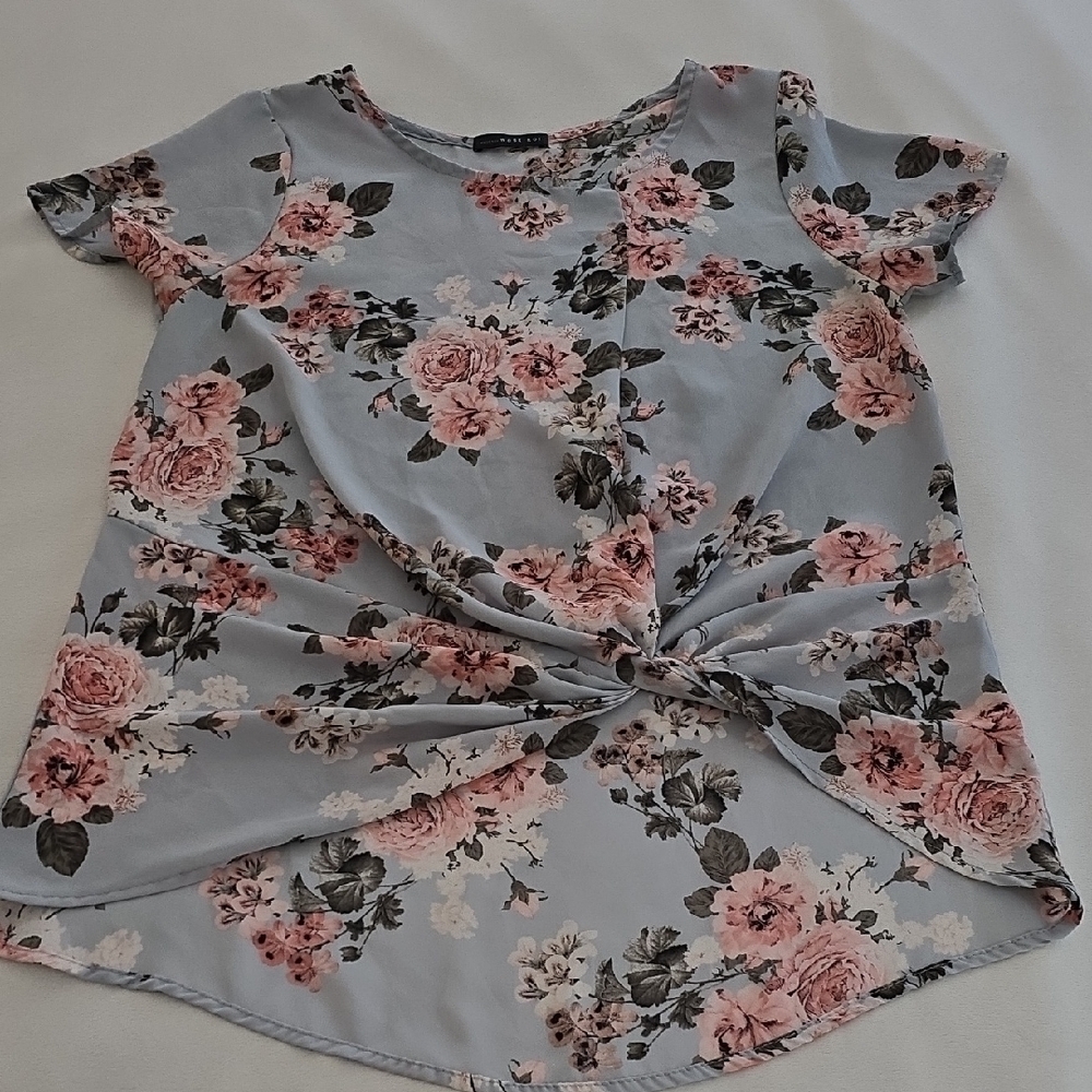 West Kei Floral Knot-Front Top - Pink and Light Blue